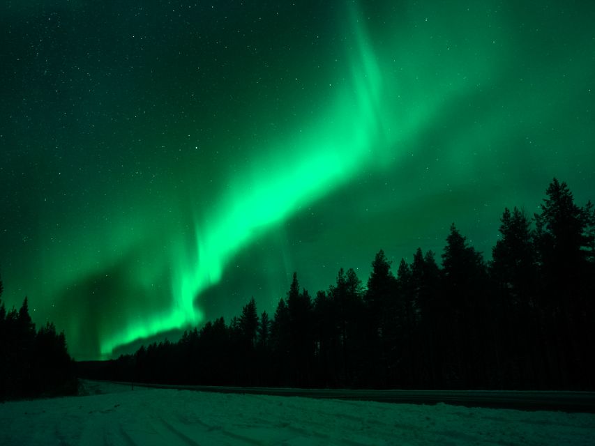 Aurora over a frozen forest lake outside Rovaniemi